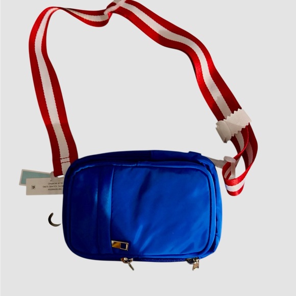 Handbags - Blue Crossbody Bag with Red and White Strap